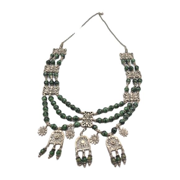 Middle Eastern Tribal Jade Bead 3-Strand Statement Necklace Silvertone Charms - Picture 2 of 8